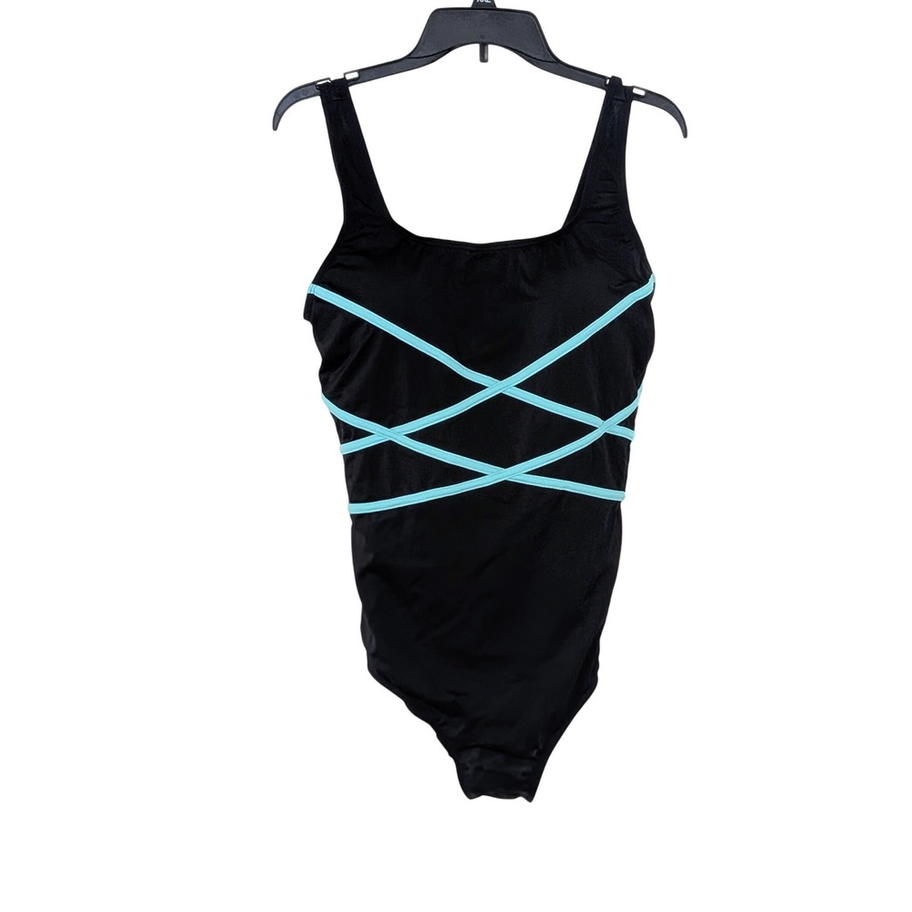 Aquabelle Black Aqua Lattice One Piece Slimming Swimsuit 20 NWT 66-0252-8